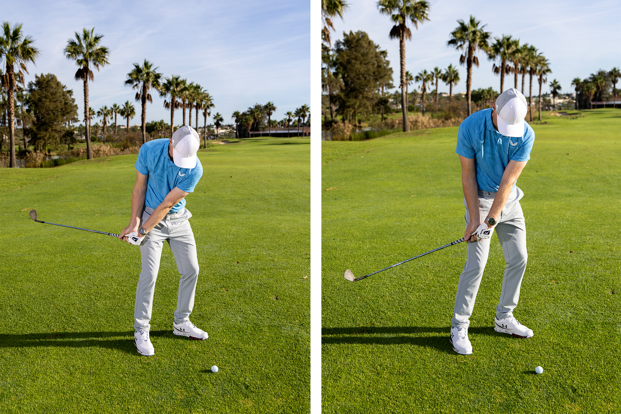 Ged Walters in a side-by-side image of the two different club paths that can lead to a shank in golf