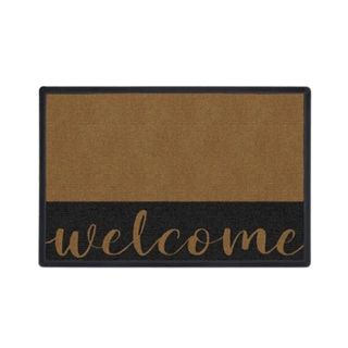 A black and brown doormat that says 