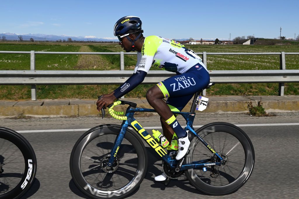 ORBASSANO ITALY MARCH 15 Biniam Girmay of Eritrea and Team Intermarch Circus Wanty competes during the 104th MilanoTorino 2023 a 192km one day race from Rho to Orbassano MilanoTorino on March 15 2023 in Orbassano Italy Photo by Tim de WaeleGetty Images