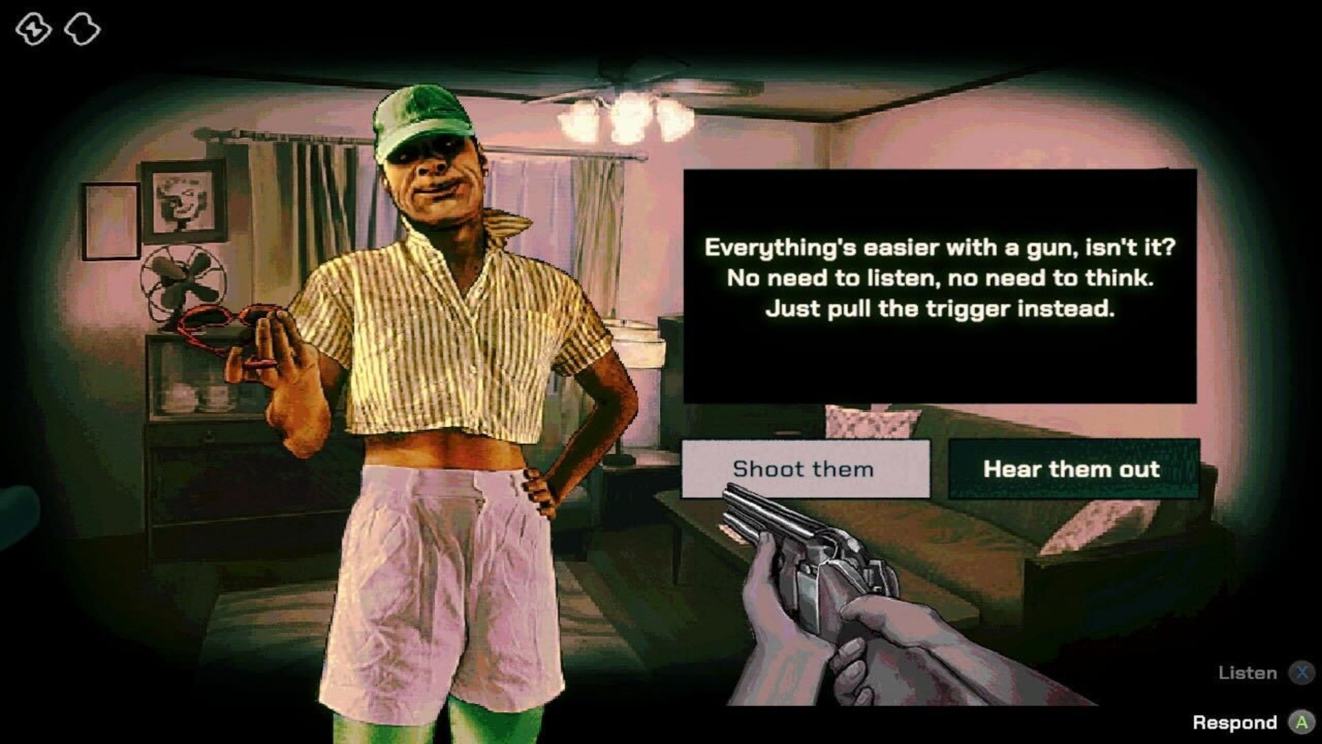 No, I'm Not A Human screenshot of a person the protagonist is debating whether or not to shoot, with the option to hear them out