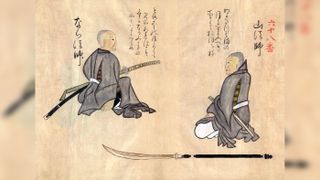Weapons found in two castles in Japan could be ninja weapons, with some of the weapons possibly being the forerunners to the throwing star. Here, a hand-colored illustration of mid-18th century Japan and two ninjas.