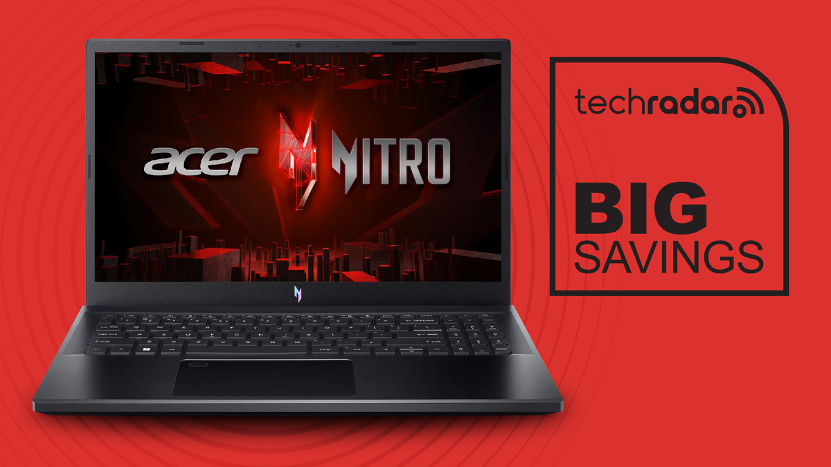 A deal image featuring a close up of an Acer Nitro 5 laptop