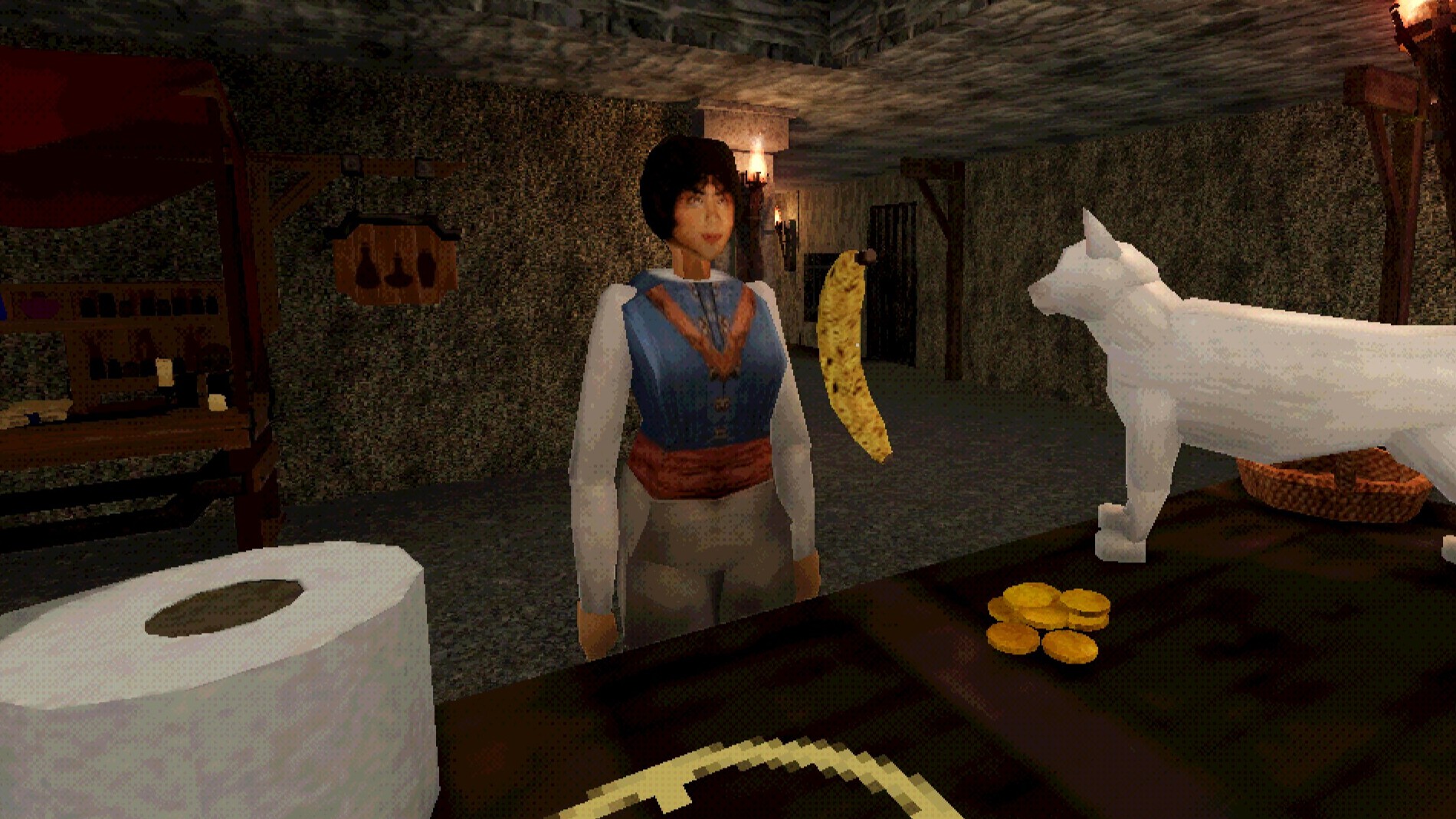 Dungeon Bodega Simulator - An adventurer waits at a counter to buy a banana from a dungeon shop keeper