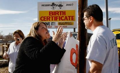 Even if the truth is out there, our emotional attachment to our beliefs may prevent us from seeing it. Here, an Obama supporter argues with a woman demanding to see the president's birth cert