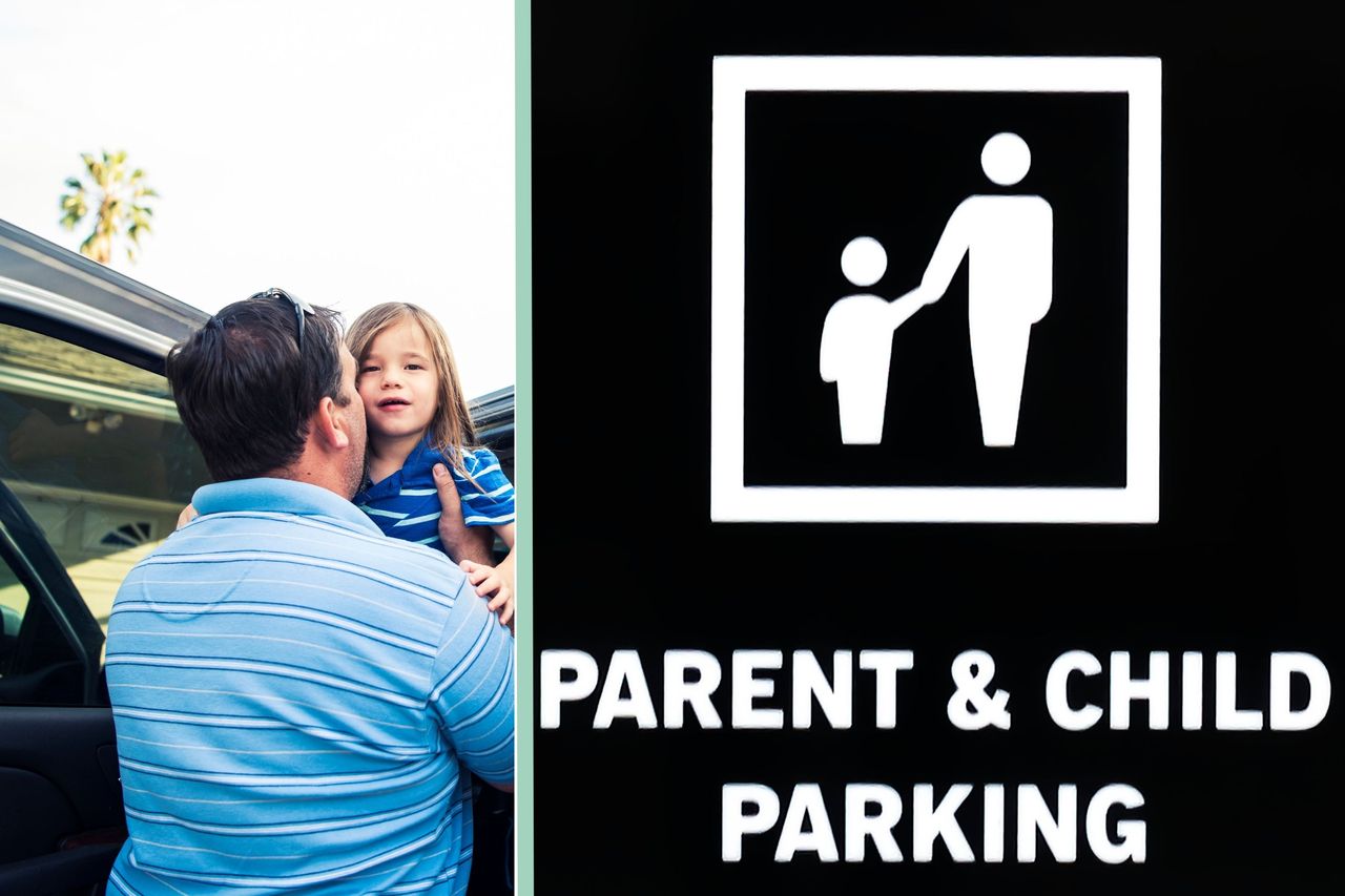 Dad getting a child out of a car split layout with parent and child parking bay sign