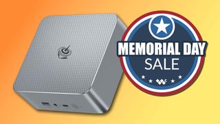 Beelink EQI12 mini PC on yellow and orange background with a graphic that reads, "Memorial Day Sale".