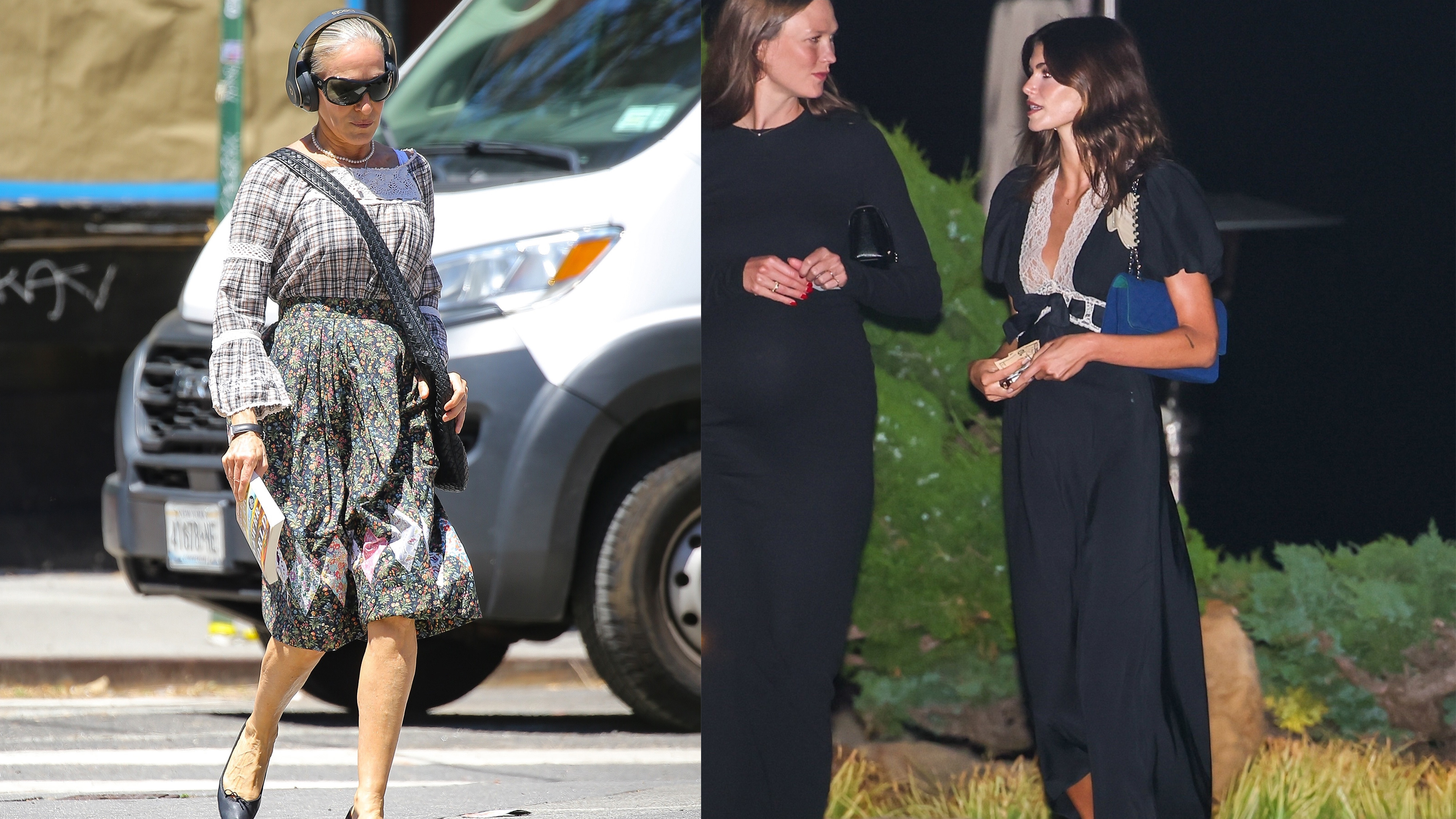 Sarah Jessica Parker wears a printed dress with black ballet pumps; Kaia Gerber wears a black maxi dress with a clutch.