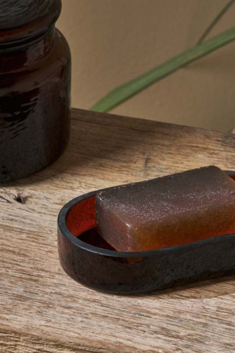 nkuku, Ilcoso Recycled Hammered Glass Soap Dish - Amber