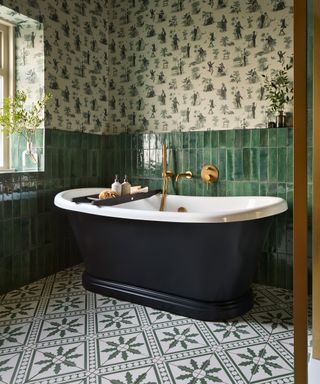 Green bathroom with green tiles, wallpaper, green bathtub