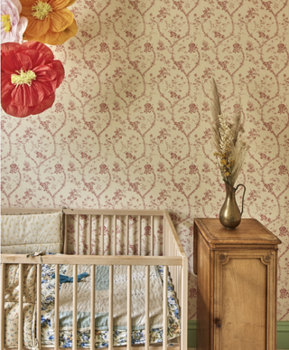 Nursery with vintage wallpaper