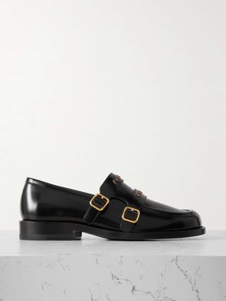 Buckled Embroidered Leather Loafers