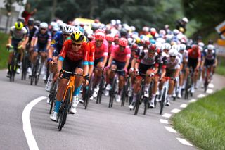 LUZ ARDIDEN FRANCE JULY 15 Fred Wright of The United Kingdom and Team Bahrain Victorious leads The Peloton during the 108th Tour de France 2021 Stage 18 a 1297km stage from Pau to Luz Ardiden 1715m LeTour TDF2021 on July 15 2021 in Luz Ardiden France Photo by Chris GraythenGetty Images