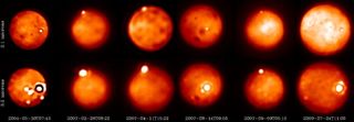 Observations of several bright & young eruptions on Jupiter's moon Io detected at short wavelength (~ 2.1 mm) on the top and longer wavelength (~ 3.2 mm) on the bottom since 2004 using the W.M. Keck 10m telescope (May 2004, Aug 2007, Sep 2007, July 2009), the Gemini North 8m Telescope (Aug 2007) and the ESO VLT-Yepun 8m telescope (Feb 2007) and their adaptive optics systems.