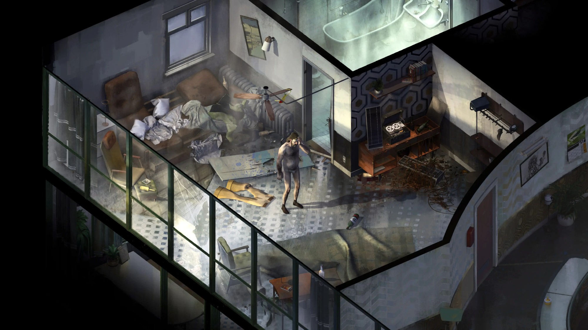 Screenshot of Disco Elysium wake up scene