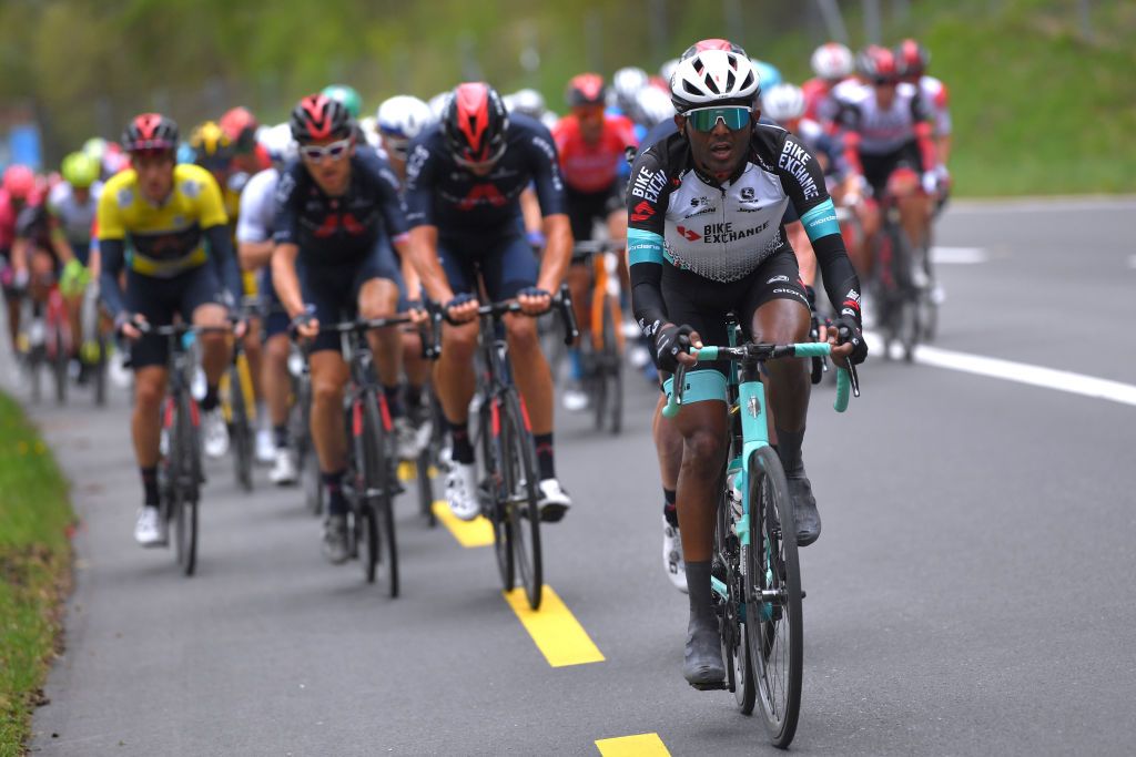 SAINTIMIER SWITZERLAND APRIL 29 Eddie Dunbar of Ireland and Team INEOS Grenadiers Gebremaryam Grmay Tsgabu of Ethiopia and Team BikeExchange in the Breakaway during the 74th Tour De Romandie 2021 Stage 2 a 1657km stage from La Neuveville to SaintImier TDR2021 TDRnonstop UCIworldtour on April 29 2021 in SaintImier Switzerland Photo by Luc ClaessenGetty Images