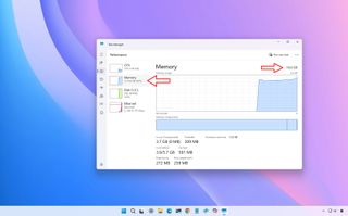 Windows 11 desktop with the Task Manager open showing memory usage.