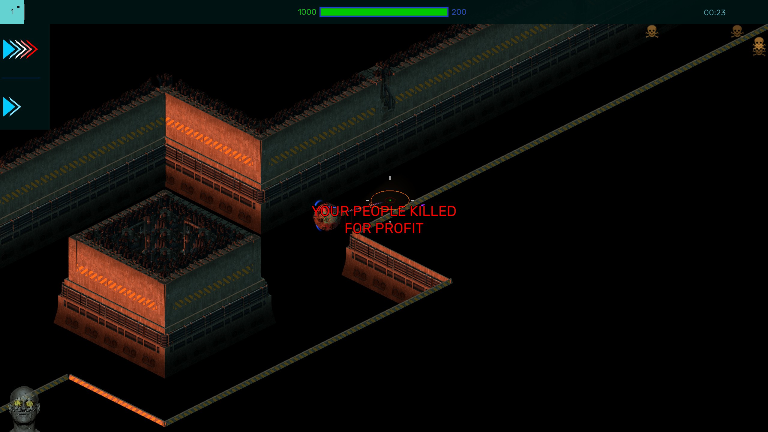 Brigador Killers screenshot pinball mech in hallway text: "YOUR PEOPLE KILLED FOR PROFIT"