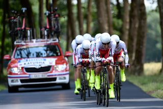 Team Katusha in action during the Dauphine's team time trial.