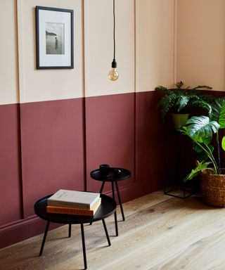 room with large sections of vertical wall panelling painted peach on top half and red on bottom