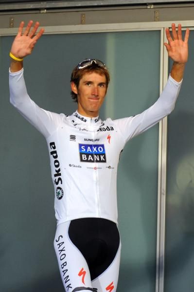 Andy Schleck (Saxo Bank) on the podium.