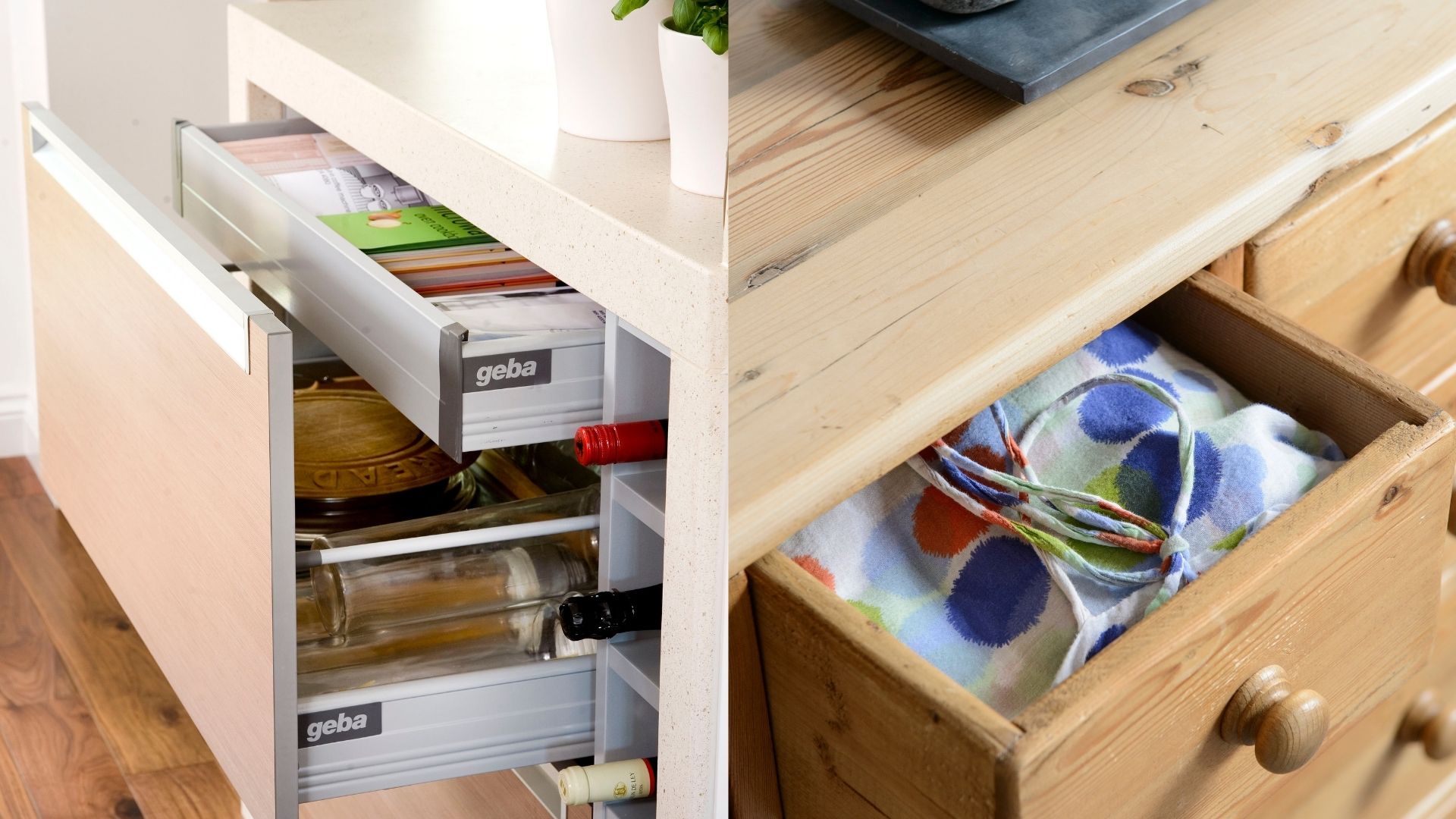 Kitchen drawers and a wooden chest of drawers showing organised drawers