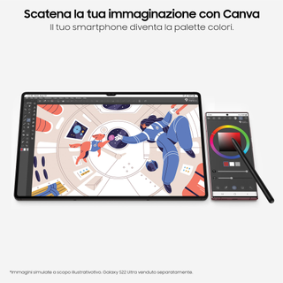 A piece of leaked promo material for the Samsung Galaxy Tab S8 Ultra, showing a Canva illustration with a Galaxy S22 Ultra beside it acting as a color palette for the S Pen stylus.