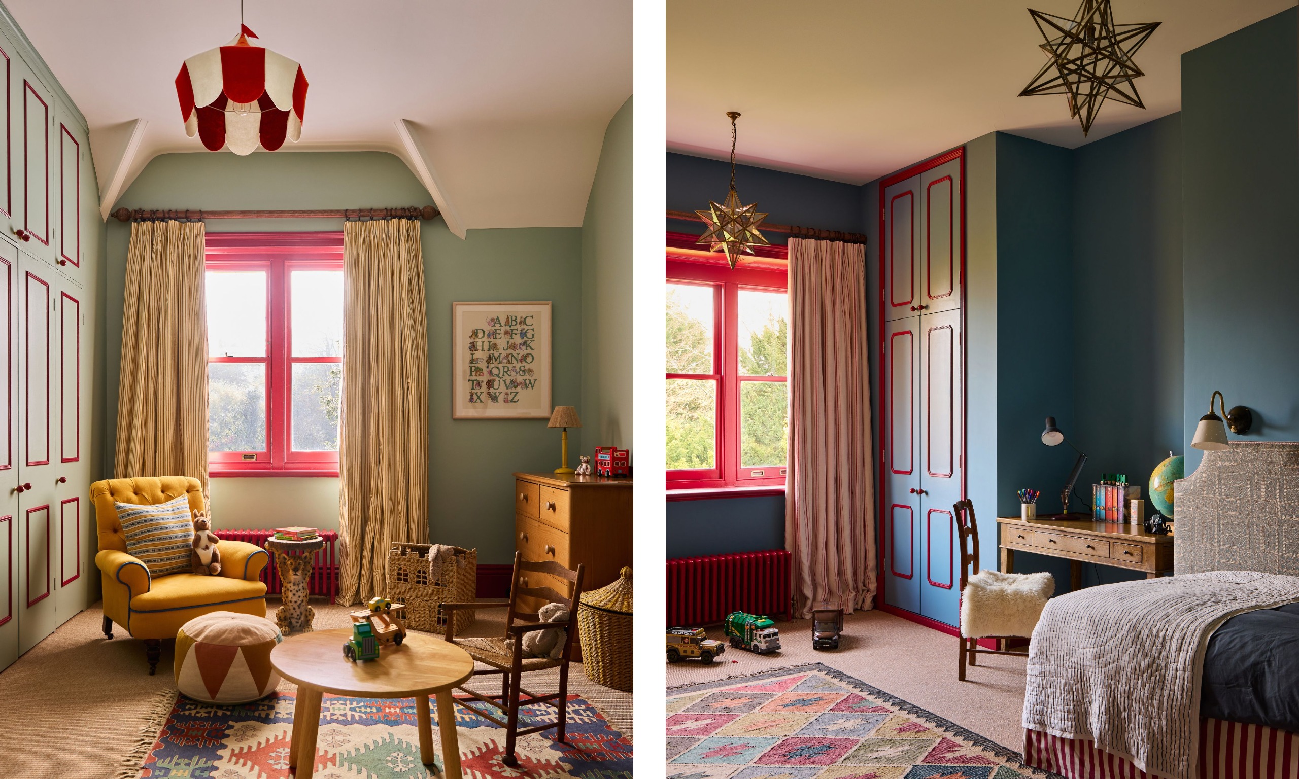 Two images of two kids' bedrooms: one with light green walls and red trim, an ochre armchair, a red and white ceiling light, and cream curtains. Dark blue walls with red trim, a star-shaped ceiling light, an upholstered headboard, and a wooden desk.