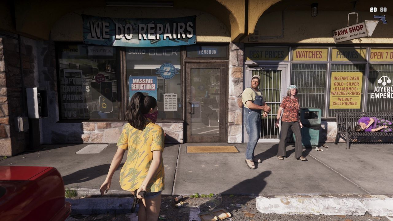 Lucia approaches a repair shop with a gun hidden behind her back, from the GTA 6 extended look