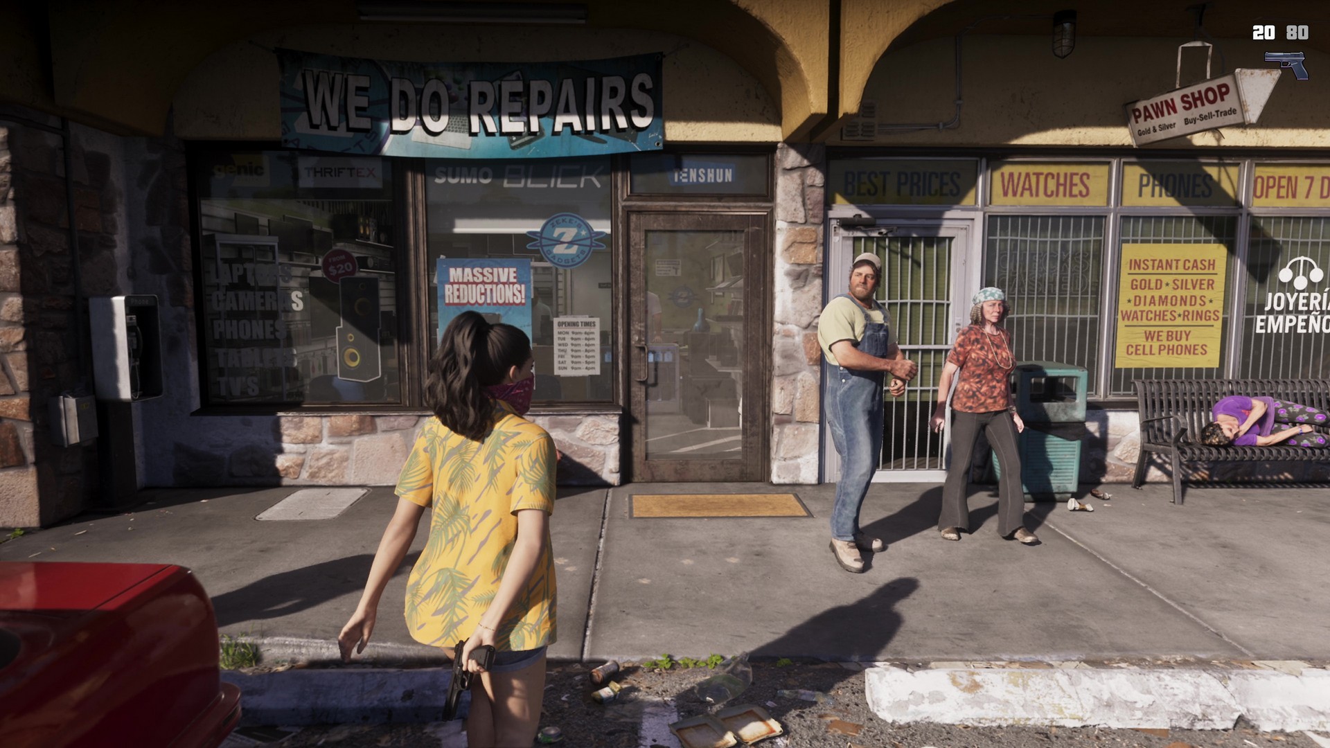 Lucia approaches a repair shop with a gun hidden behind her back, from the GTA 6 extended look