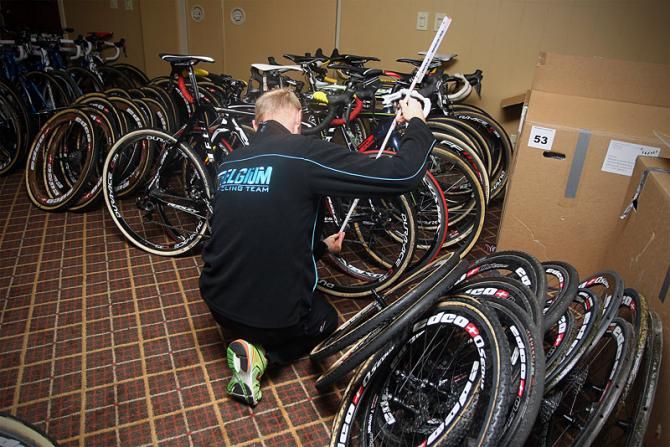 Klaas Vantornout amidst a sea of bikes and wheels.