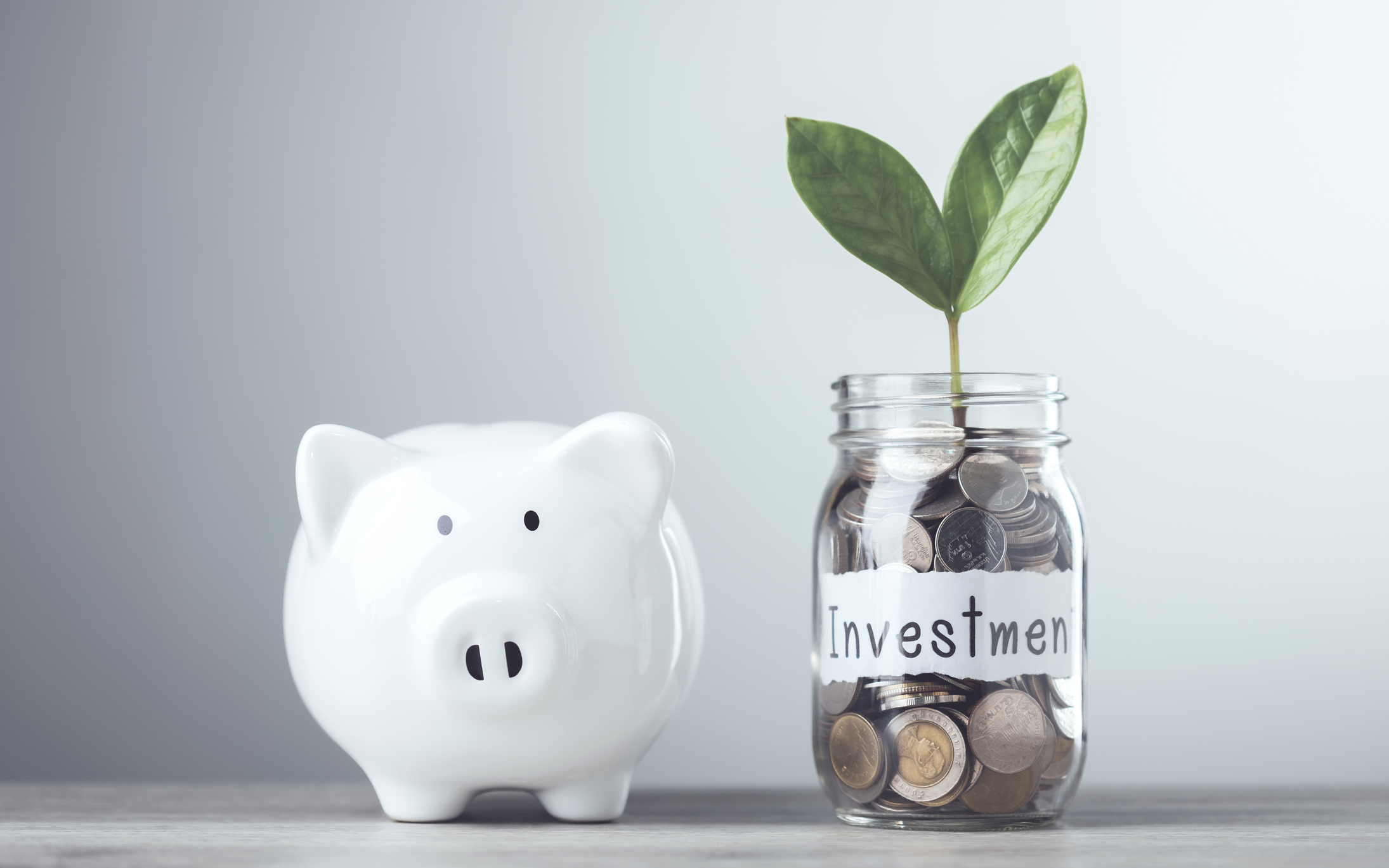 white piggy bank next to a jar of coins with the word investment on front and a plant growing out of it