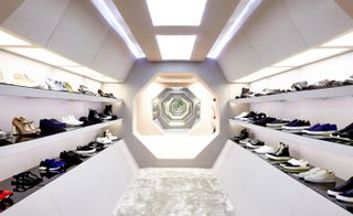 White geometric shoes display