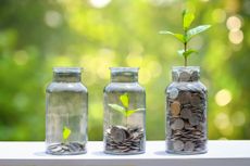Three jars with growing plants and coins signifying savings rates.