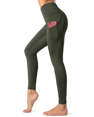 Dragon Fit High Waist Yoga Leggings With 3 Pockets,tummy Control Workout Running 4 Way Stretch Yoga Pants (large, Olive Green)