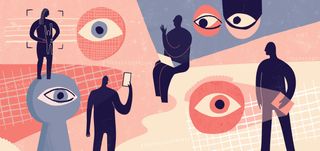 An illustration of cartoon figures with mobile phones, in a hand drawn style, and watching eyes.