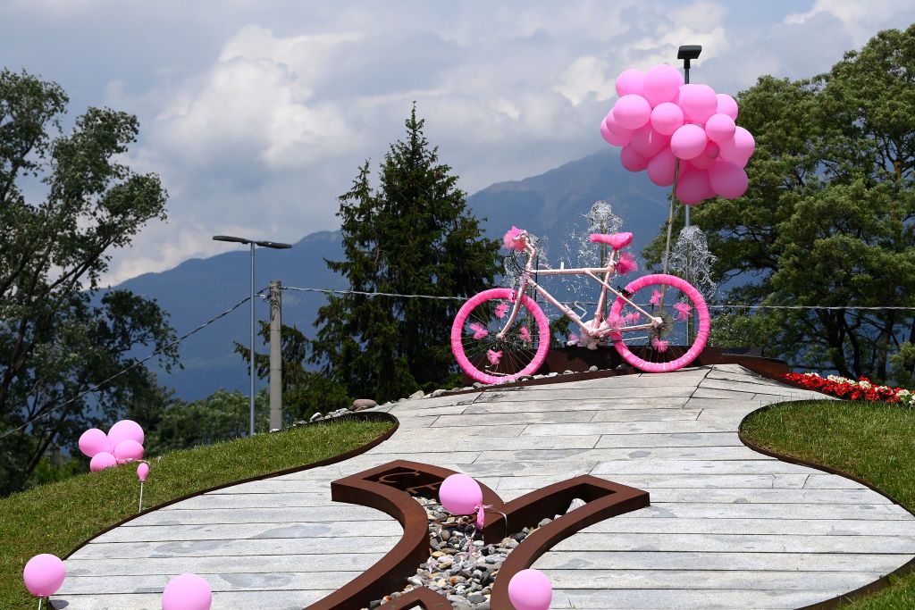 APRICA ITALY MAY 24 Pink decoration during the 105th Giro dItalia 2022 Stage 16 a 202km stage from Sal to Aprica 1173m Giro WorldTour on May 24 2022 in Aprica Italy Photo by Tim de WaeleGetty Images