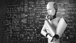 A humanoid robot thinking about a chalkboard of mathematical equations