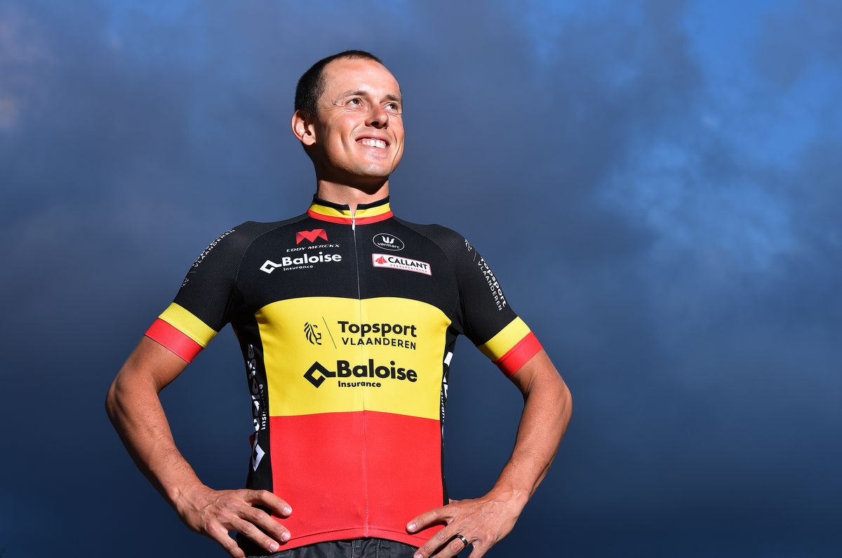 Preben Van Hecke (Topsport Vlaanderen - Baloise) models the Belgian national champions jersey