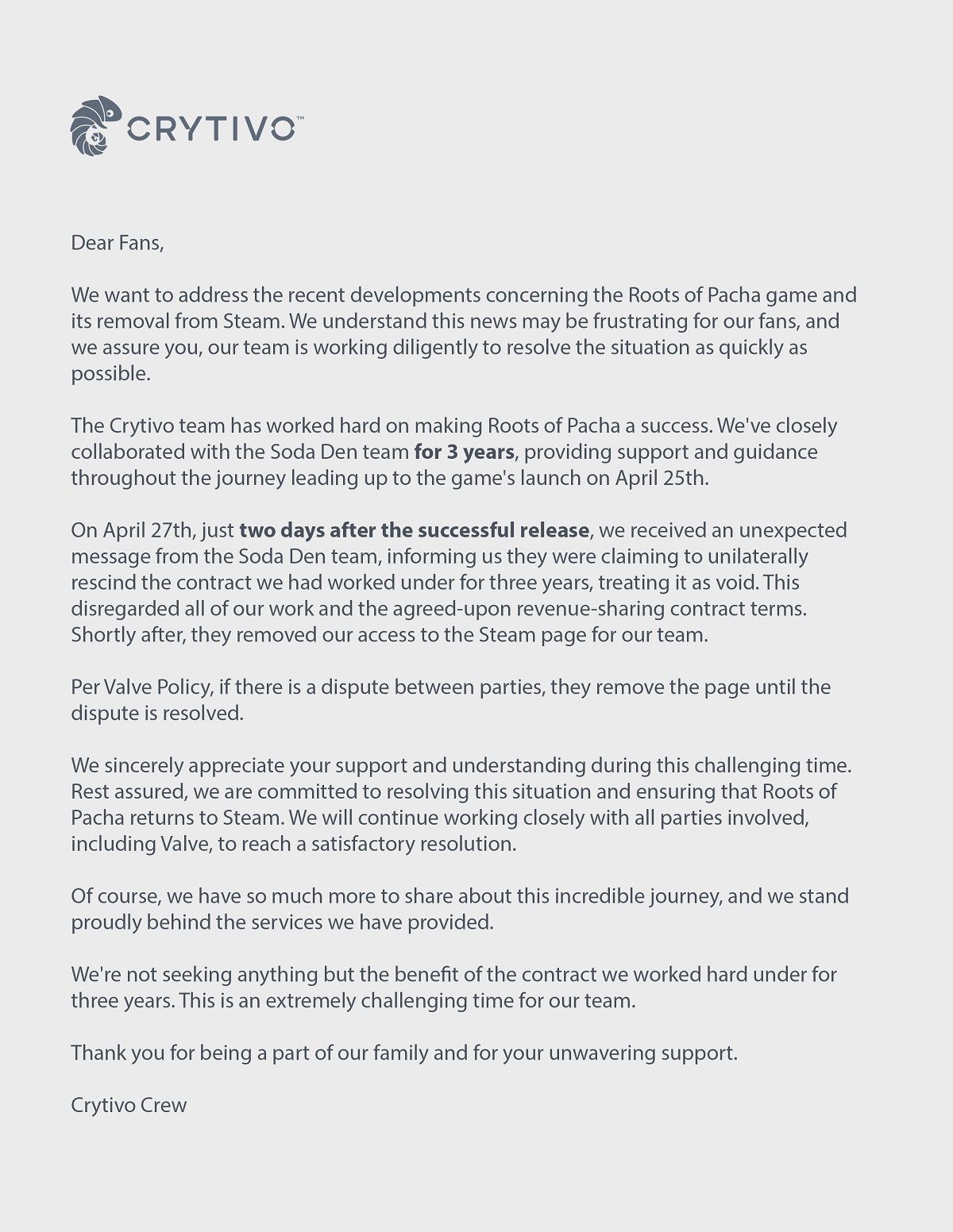 text statement from publisher Crytivo alleging that Soda Den attempted to pull out from its contract two days after Pacha's release, in breach of prior revenue-sharing agreements, and that the game's removal from Steam was a matter of standard procedure in a dispute such as this