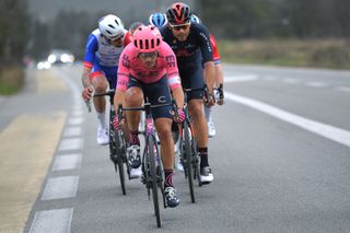 SAINT SIFFRET FRANCE FEBRUARY 06 Filippo Ganna of Italy and Team INEOS Grenadiers Alberto Bettiol of Italy and Team Ef Education Nippo during the 51st toile de Bessges Tour du Gard 2021 Stage 4 a 1516km stage from Rousson to Saint Siffret 165m Breakaway EDB2020 on February 06 2021 in Saint Siffret France Photo by Luc ClaessenGetty Images