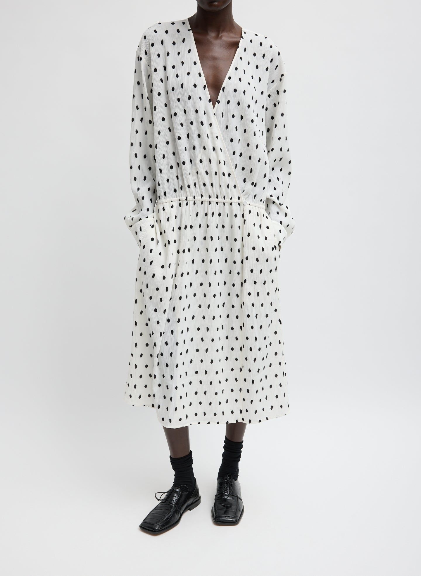 Scribble Dot Print Strech Plisse Wrap Dress - Black/white / Xxs / R125po1658