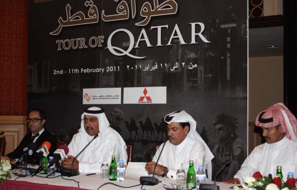 Sheikh Khalid Bin Ali Bin Abdullah Al Thani of the Qatar Cycling Federation speaks at the launch of the Tour of Qatar.