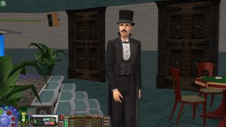 Mortimer Goth swanning around inside a New Vegas casino built inside the Sims 2