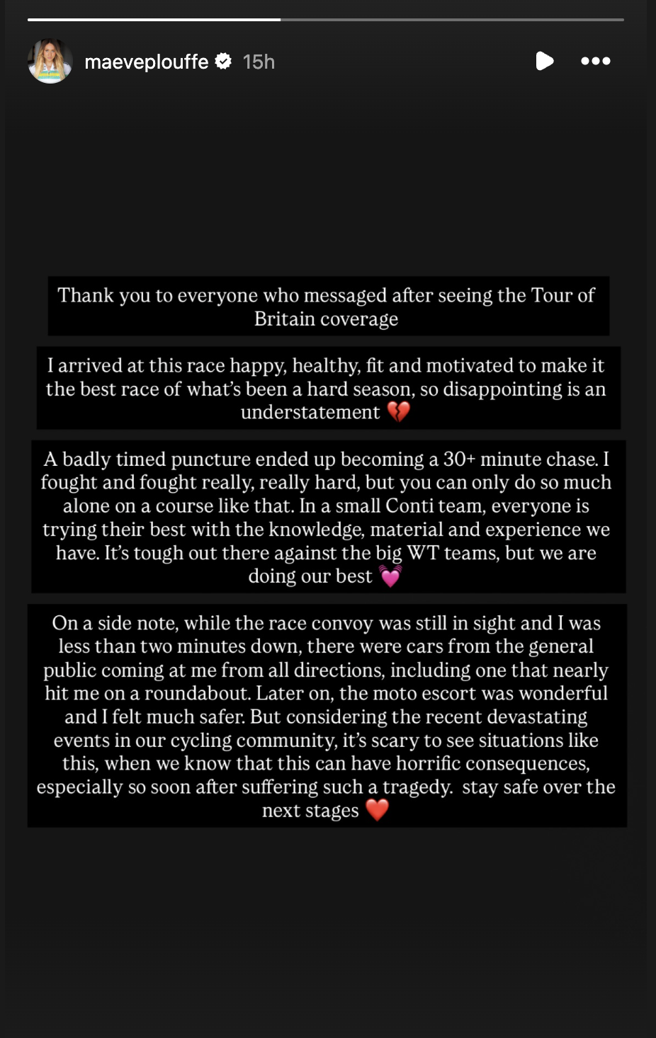 Maeve Plouffe's Instagram story at the 2026 Tour of Britain Women