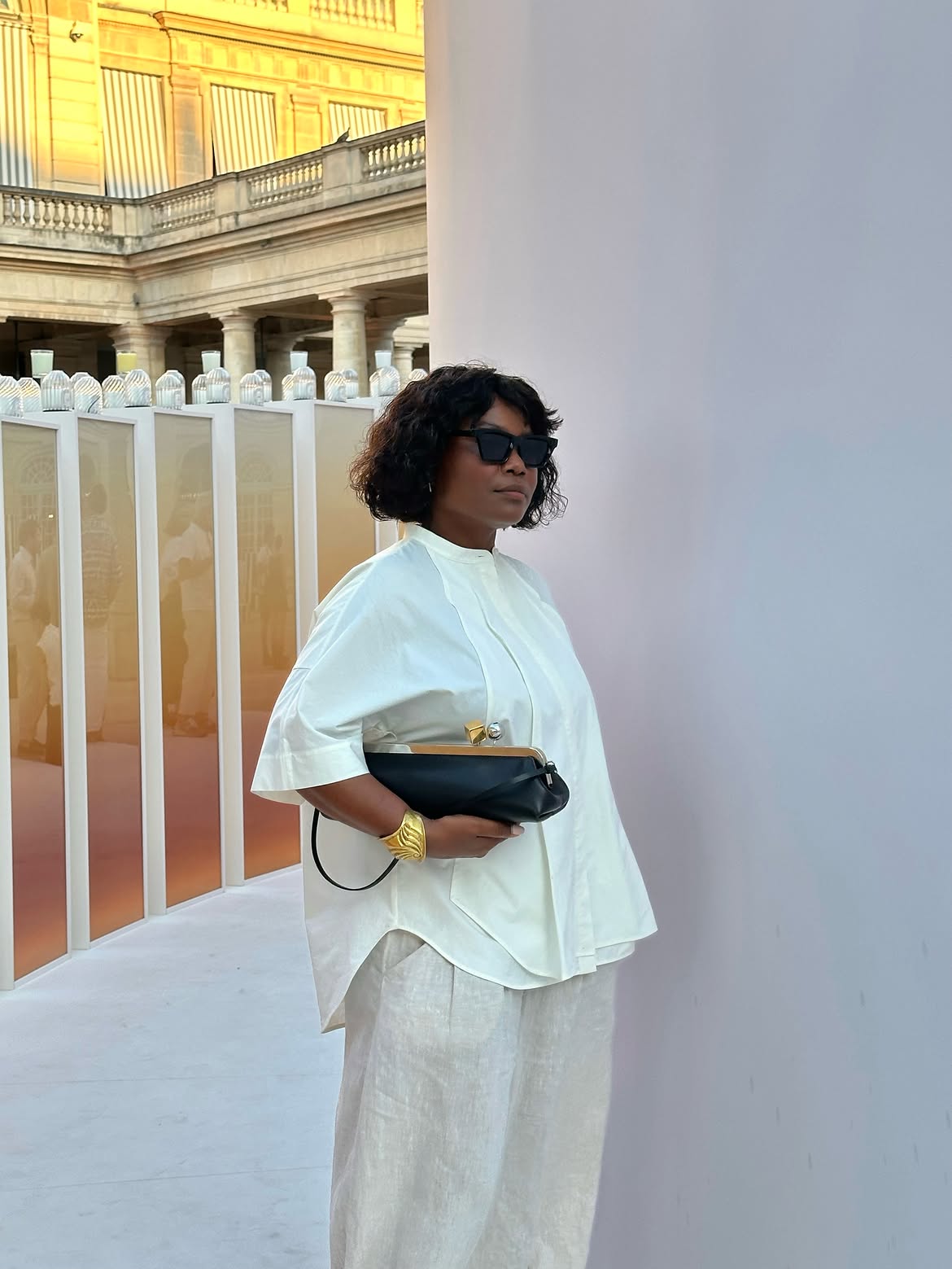 @frannfyne wears white shirt linen trousers