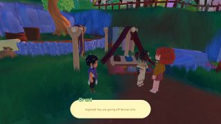 Player character in Paleo Pines speaking with shopkeeper Orani, who states the player's style is "farmer chic"