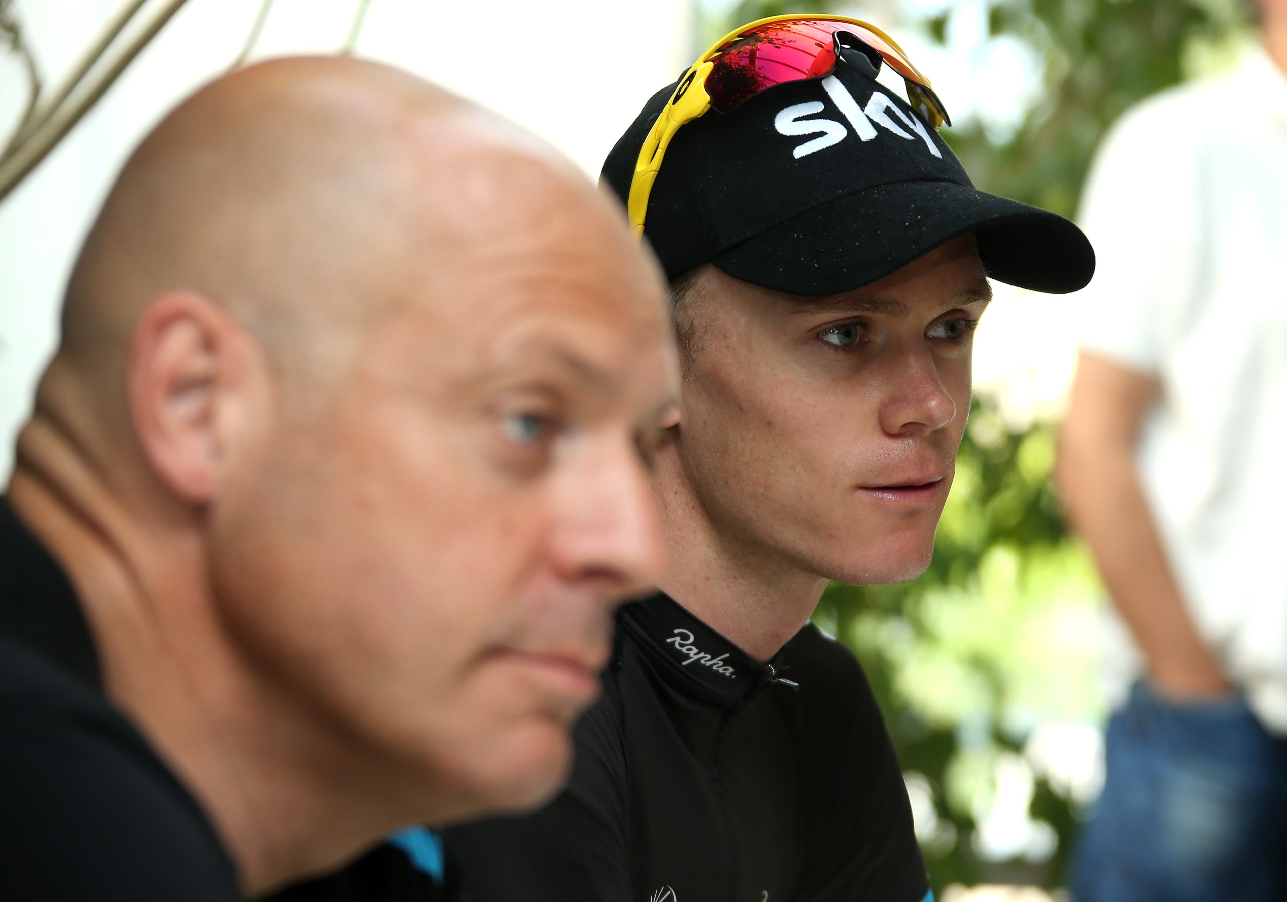 Dave Brailsford, manager of Team Sky and Chris Froome of Team Sky Procycling answer questions from journalists during the second rest day of the 2013 Tour de France on July 15, in Orange, France.