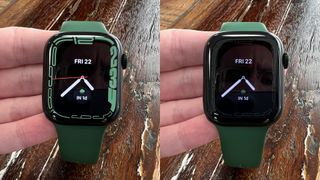 Apple Watch Series 7 review, two photos showing the screen on, and then in Always-On mode