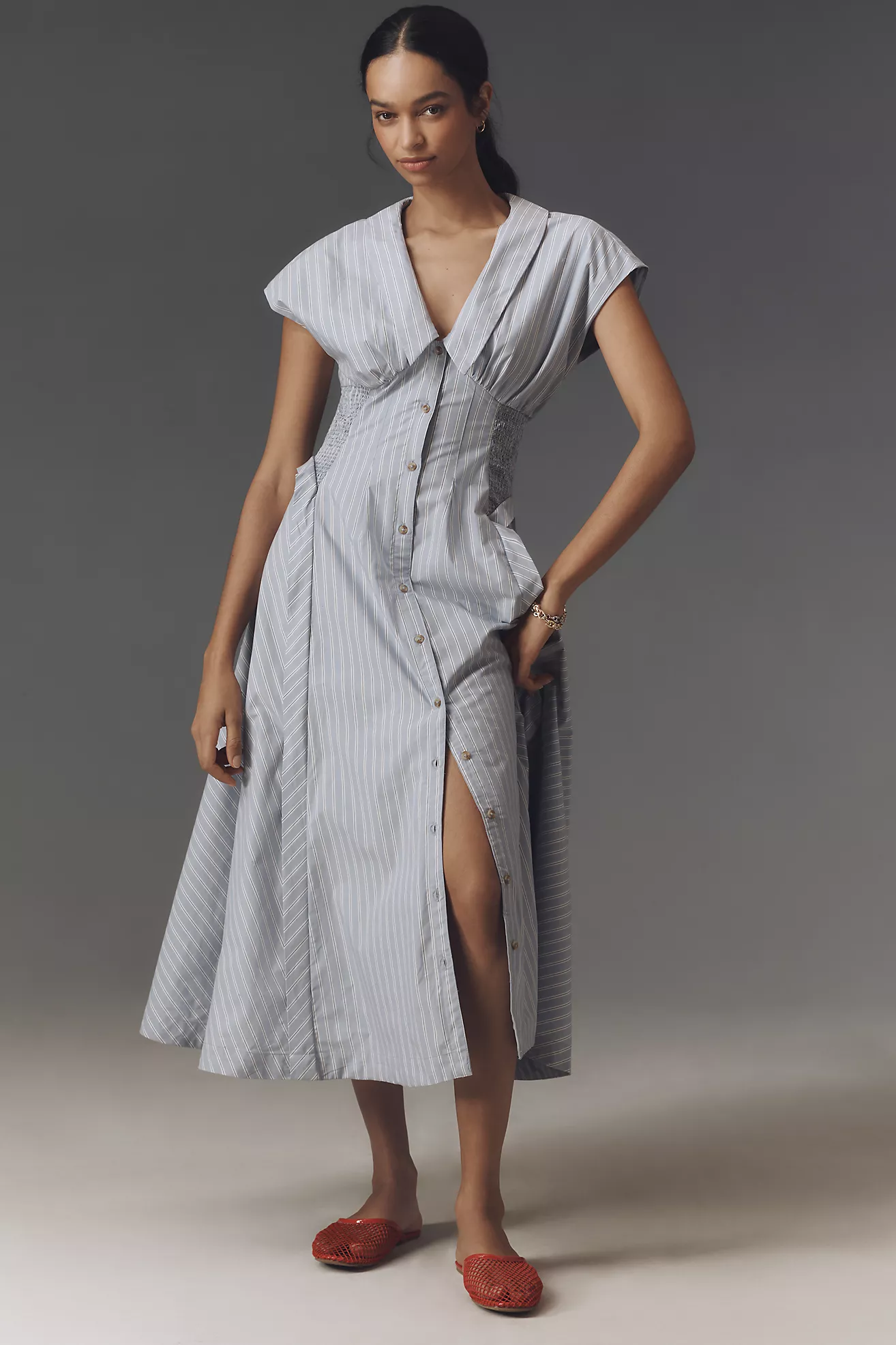 Anthropology short-sleeved V-neck pleated midi dress