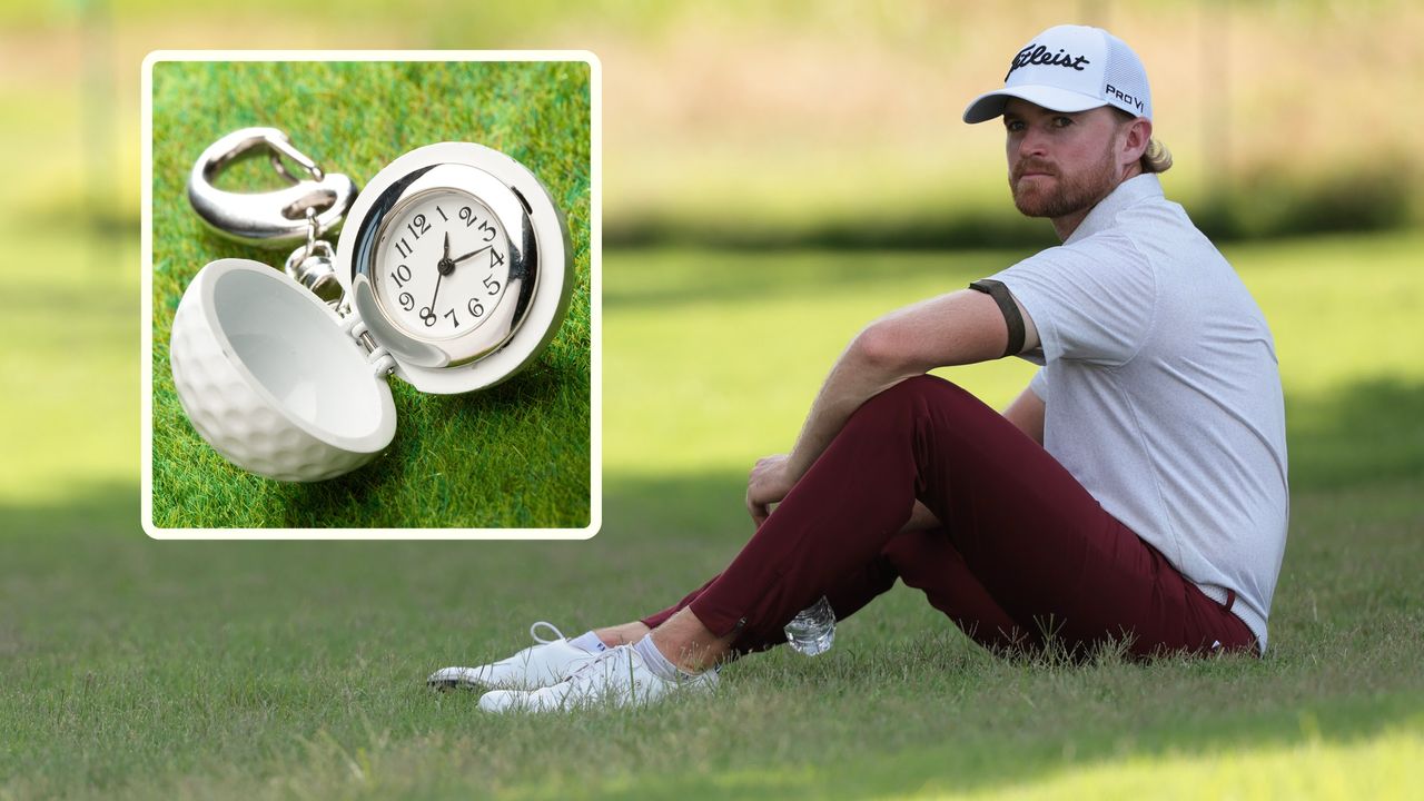 Golfer sitting on the ground with inset image of a clock in a golf ball